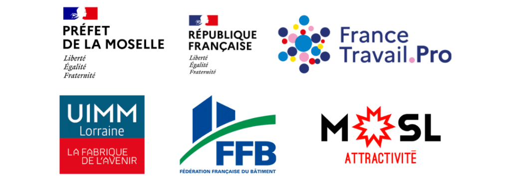 Logos des partenaires des Journées du Patrimoine Économique 2026 : Préfet de la Moselle, République Française, France Travail Pro, UIMM Lorraine, Fédération Française du Bâtiment, MOSL Attractivité